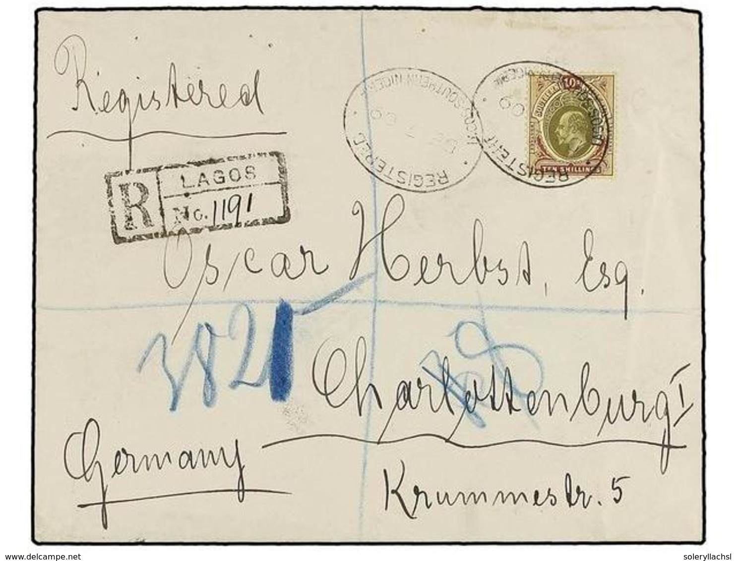 632 NIGERIA. Sg.31. 1909. <B>SOUTHERN NIGERIA. </B>LAGOS To GERMANY. <B>10 Sh.</B> Purple, Green On Yellow On Registered - Other & Unclassified