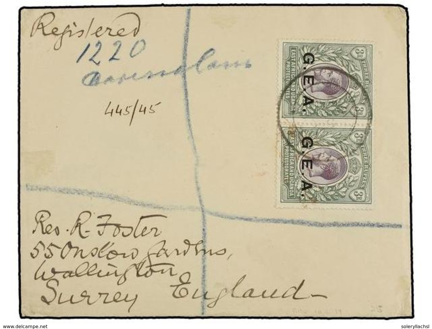 634 TANGANIKA. Sg.52 (2). 1919. DAR-ES-SALAAM To ENGLAND. Two Stamps Of <B>3 Rupees </B>on Registered Cover, Arrival On  - Andere & Zonder Classificatie