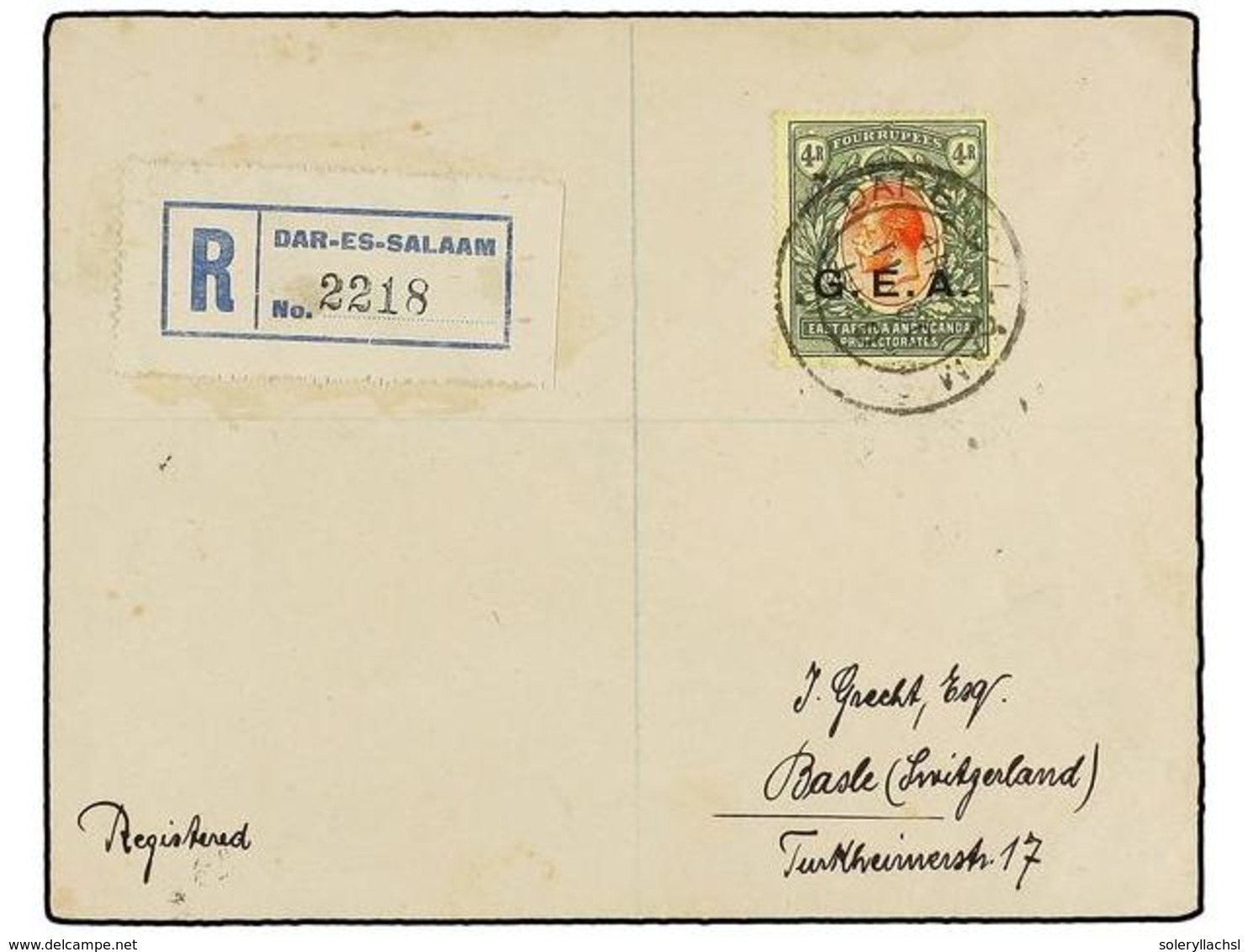 635 TANGANIKA. Sg.58. 1920. DAR-ES-SALAM To SWITZERLAND. <B>4 Rupees</B> G.E.A.<B> </B>on Registered Cover., Arrival On  - Sonstige & Ohne Zuordnung