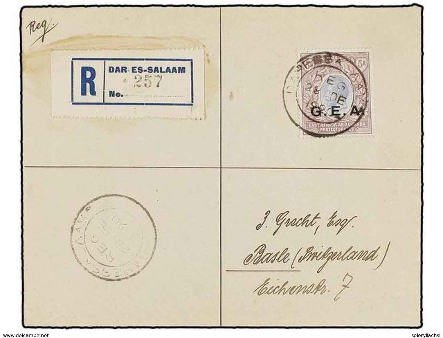 636 TANGANIKA. Sg.59. 1920. DAR-ES-SALAAM To GERMANY. <B>5 Rupees </B>G.E.A.<B> </B>on Registered Cover, Arrival On Reve - Sonstige & Ohne Zuordnung