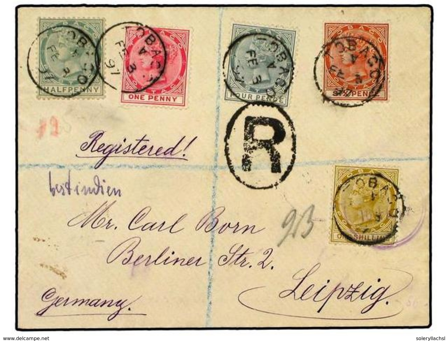 637 TOBAGO. 1897. Registered Cover Used To GERMANY Bearing <B>1/2 D., 1/-</B> Tied By The <B>TOBAGO</B> Cds's. - Andere & Zonder Classificatie