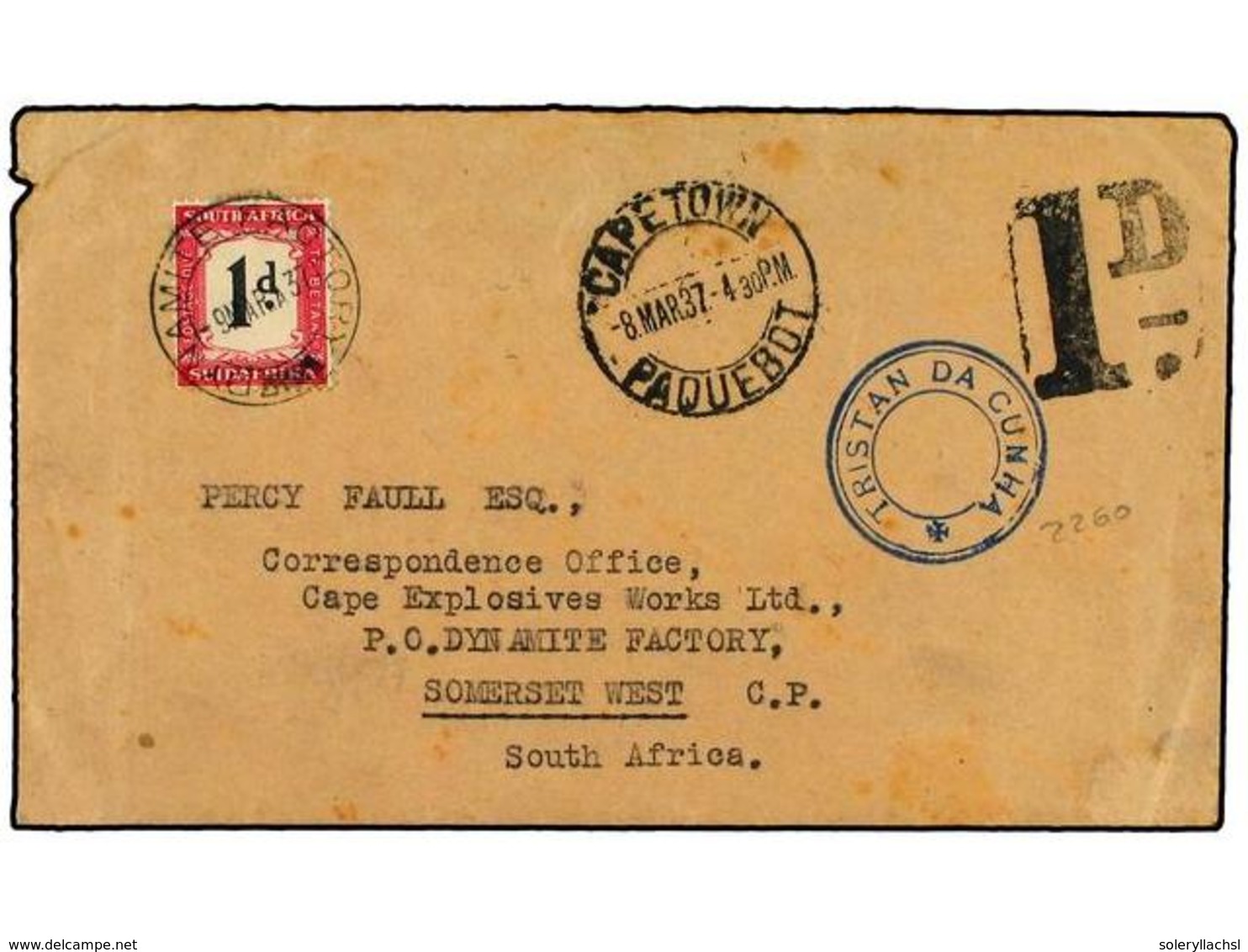 640 TRISTAN DA CUNHA. 1937. Cover To SOUTH AFRICA Cancelled With Despatch Cds Of <B>TRISTAN DA CUNHA</B> In Blue (Gibbon - Other & Unclassified