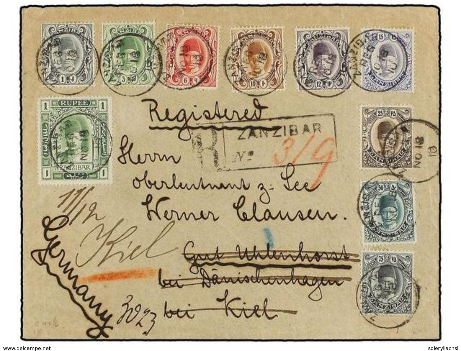 643 ZANZIBAR. Sg.225/34. 1910. ZANZIBAR To GERMANY. Very Nice Franking On Registered Cover, Arrival On Reverse. - Altri & Non Classificati