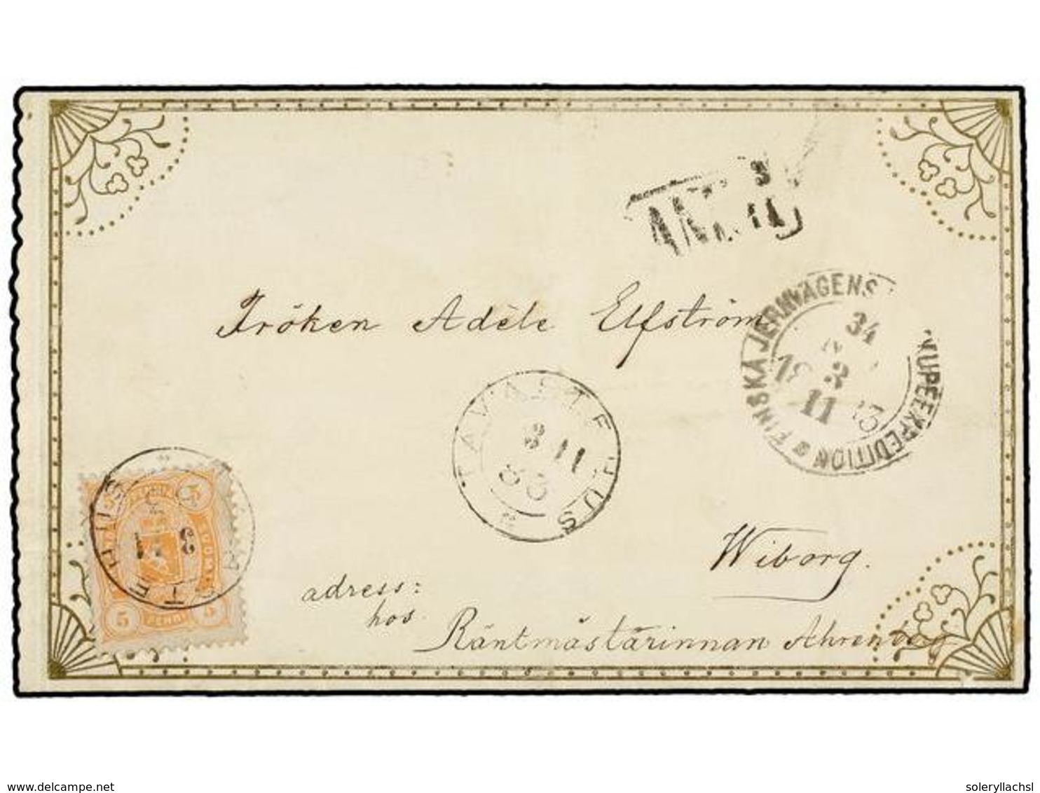 655 ISLANDIA. Fa.13. 1883. TAVASTEHUS To WIBORG. Ornate Letter 'Lady's Envelope' Franked With <B>5 Penni</B> Orange Stam - Sonstige & Ohne Zuordnung