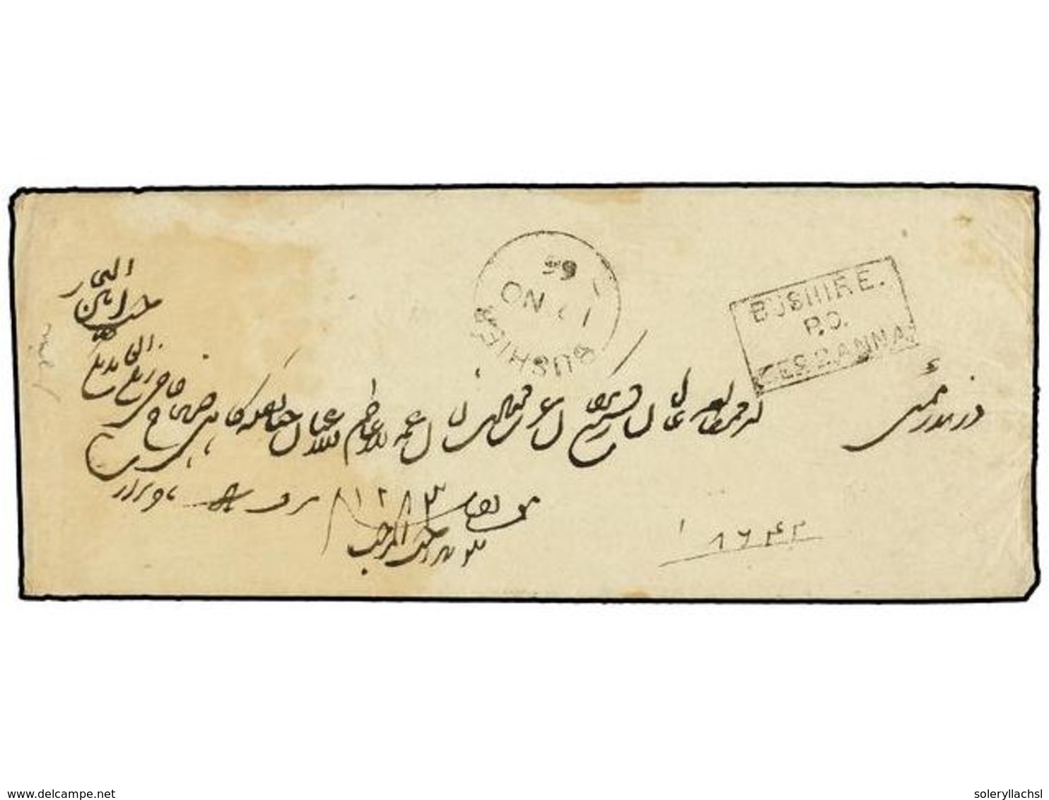 656A IRAN. 1866. BUSHIER To BOMBAY. Envelope Sent Unfranked With Postage Paid Box <B>BUSHIRE/P.O./ZANNA</B> And <B>BUSHI - Autres & Non Classés