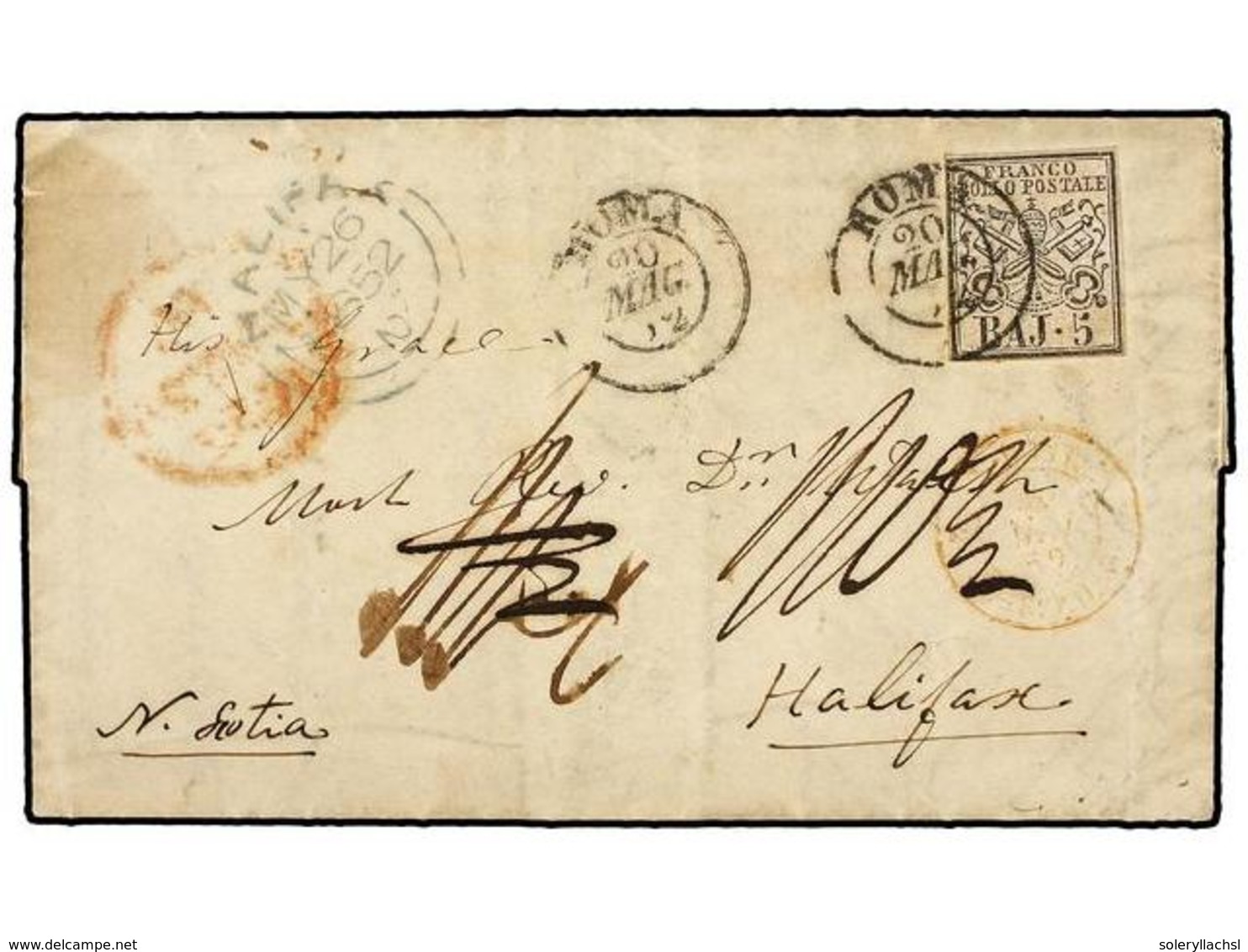 661 ITALIA ANTIGUOS ESTADOS: ESTADOS PONTIFICIOS. 1852 (May 20). Entire Letter Sent Underpaid To HALIFAX (Nova Scotia);  - Altri & Non Classificati