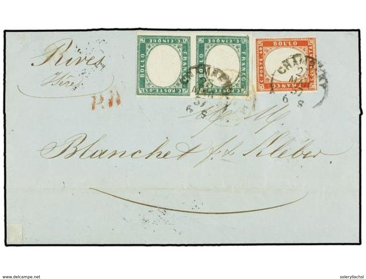 665 ITALIA ANTIGUOS ESTADOS: CERDEÑA. Sa.13A(2), 16A. 1857. CHAMBERY A FRANCIA. <B>5 Cent.</B> Verde (2) Y <B>40 Cts.</B - Autres & Non Classés