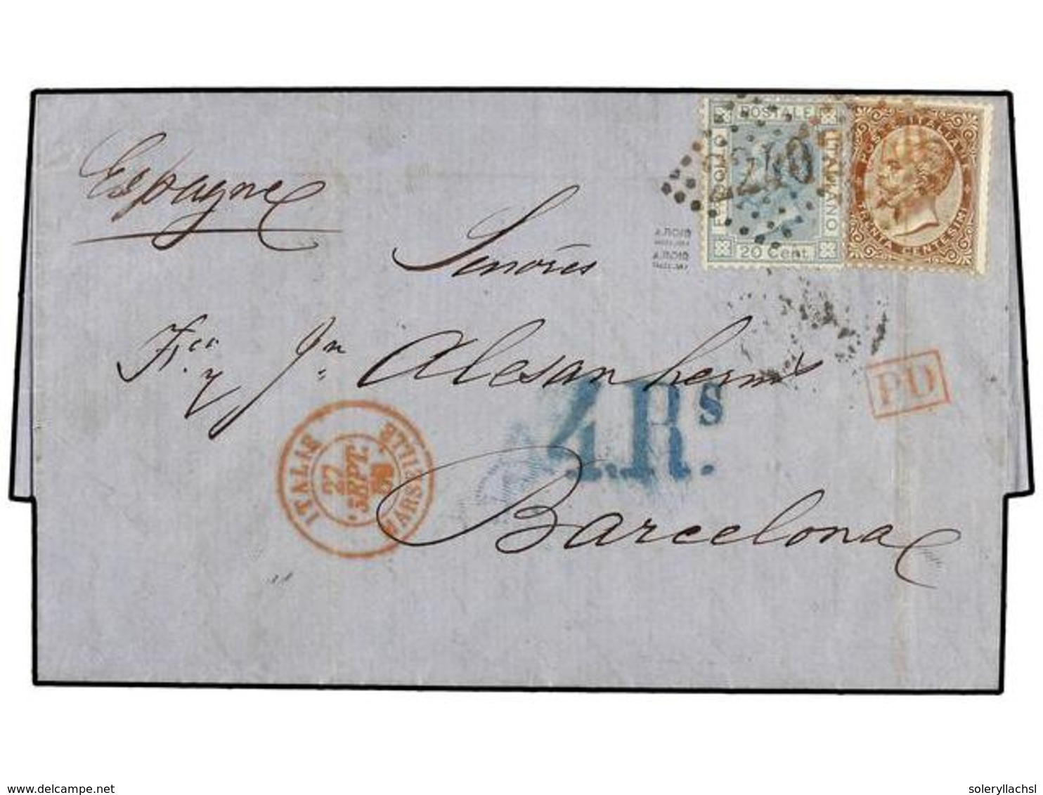 676 ITALIA. 1869. GÉNOVA A BARCELONA (España). <B>20 Cts.</B> Azul Y <B>40 Cts.</B> Castaño. Mat. Rombo De Puntos <B>224 - Other & Unclassified