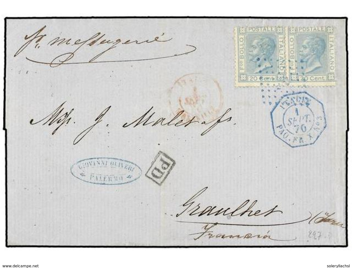 679 ITALIA. 1870. PALERMO A FRANCIA. <B>20 Cts.</B> Azul (2), Mat. <B>ANCLA</B> En Azul Y Fechador Octogonal Marítimo Fr - Autres & Non Classés