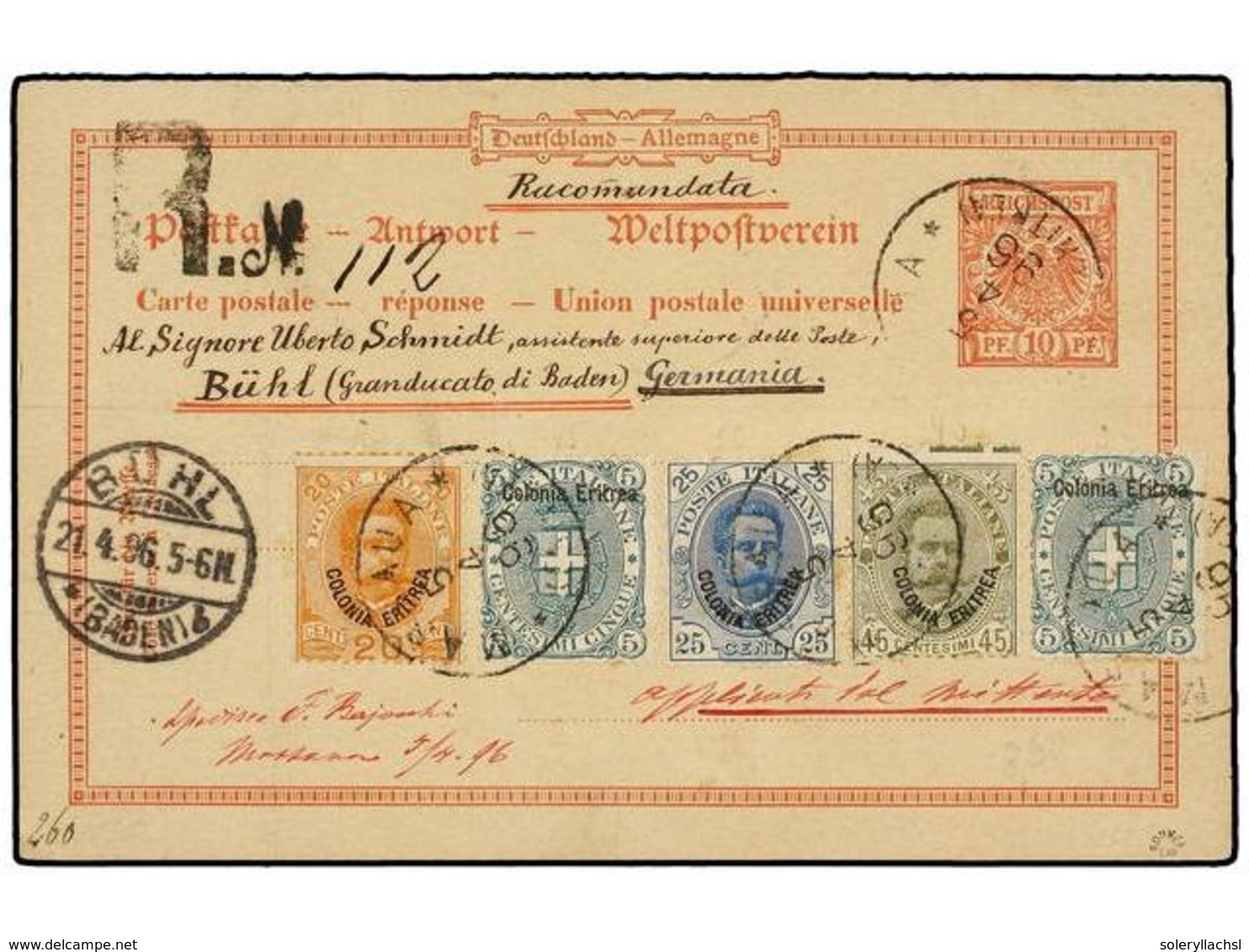 682 ERITREA. Sa.3 (2), 16/18. 1896. MASSAUA A ALEMANIA. Entero Postal Alemán Con Franqueo De <B>5 Cts.</B> (2), <B>20 Ct - Other & Unclassified