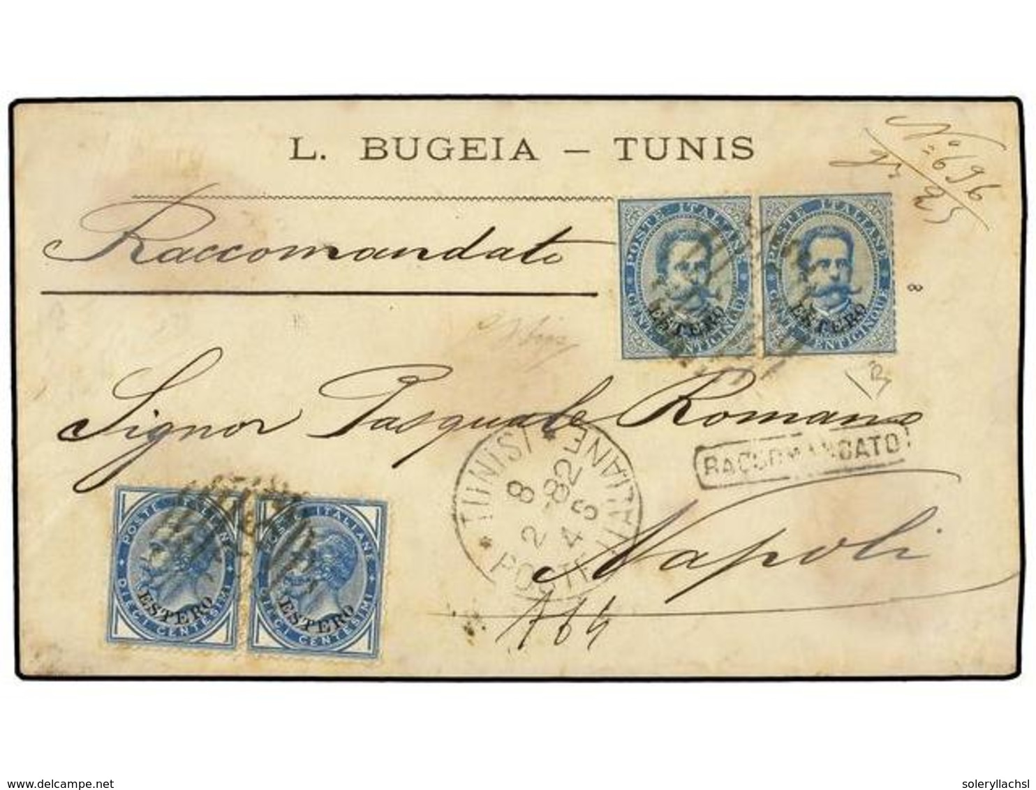 685 ITALIA. 1882. TUNISI A NÁPOLES. <B>10 Cts.</B> Azul (2) Y <B>25 Cts.</B> Azul (2) Mat. Parrilla Con Cifra '<B>235' < - Autres & Non Classés