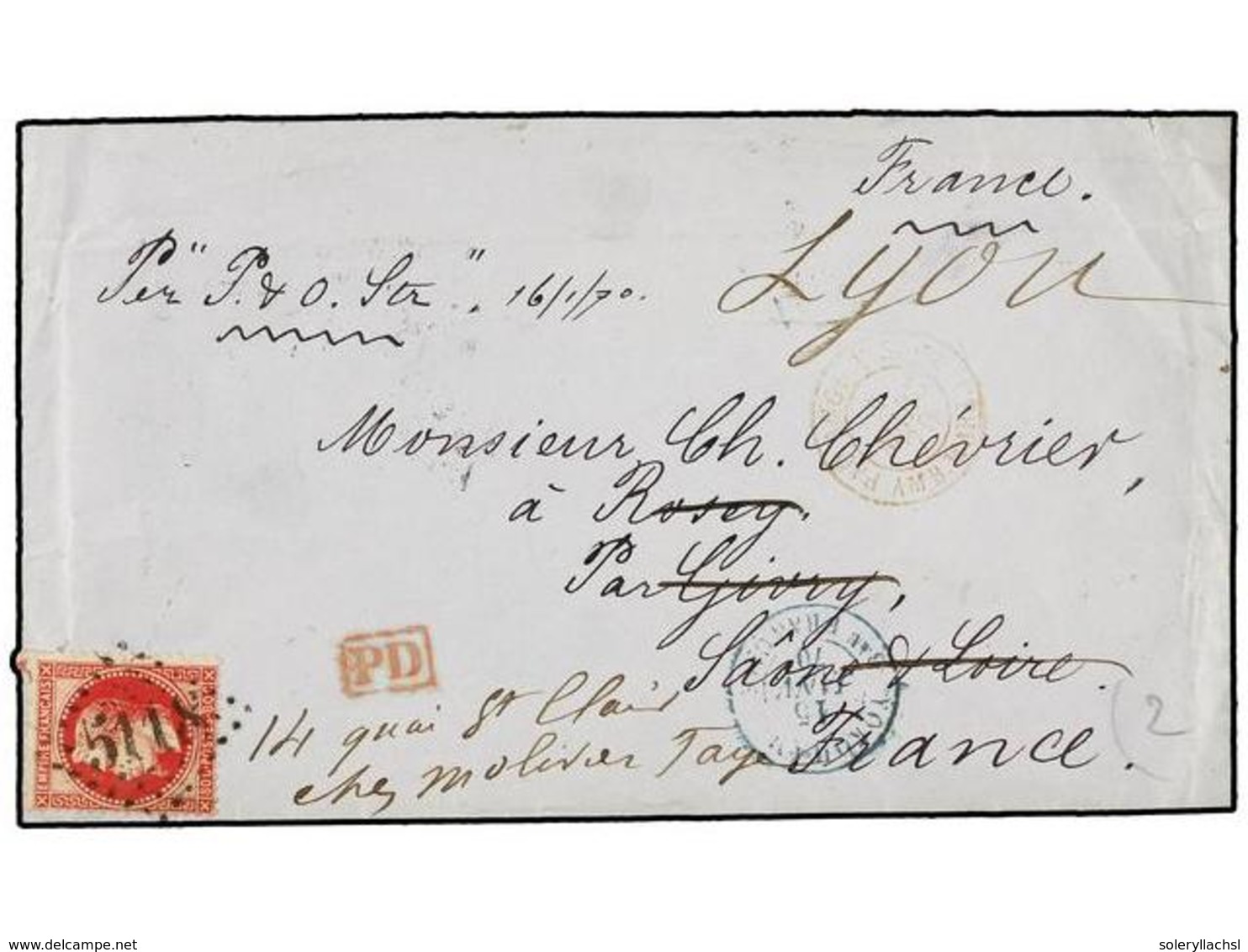 686 JAPON. 1870. YOKOHAMA To FRANCE. Envelope Franked With French <B>80 Cts.</B> Red Stamp With<B> 5118</B> Numeral Canc - Autres & Non Classés