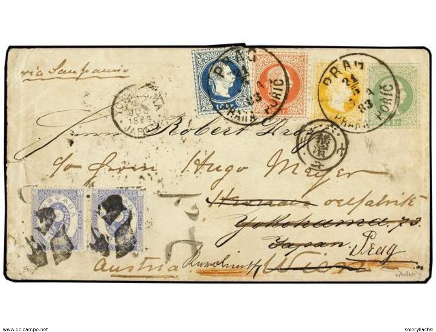 687 JAPON. Sc.34, 36, 37. 1883 (May 21). The Outstanding And Famous Combination<B> 3 Kr.</B> Green Postal Envelope Plus  - Autres & Non Classés