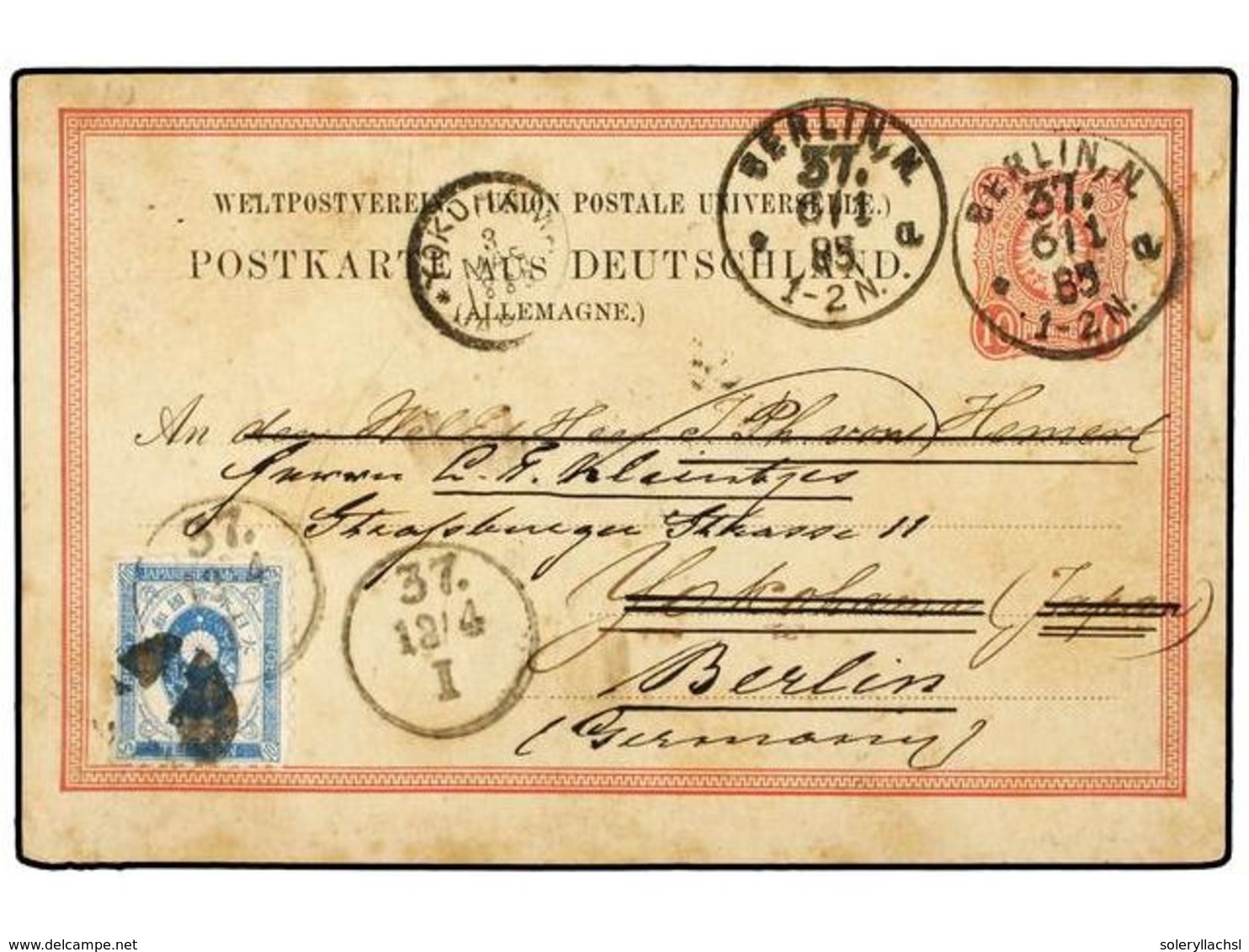 688 JAPON. 1885. BERLÍN A YOKOHAMA. Entero Postal De <B>10 Pf.</B> Reexpedido A BERLÍN Con Sello Japonés De <B>10 Sen</B - Andere & Zonder Classificatie