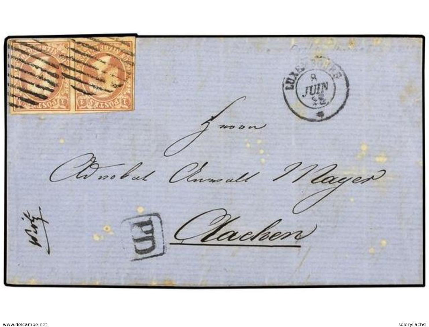 690 LUXEMBURGO. 1852. Pair Of <B>1 Sgr</B>. Brick-red, Strong Colour, Tied To <B>1858</B> Cover To AACHEN (bs) With Tran - Autres & Non Classés