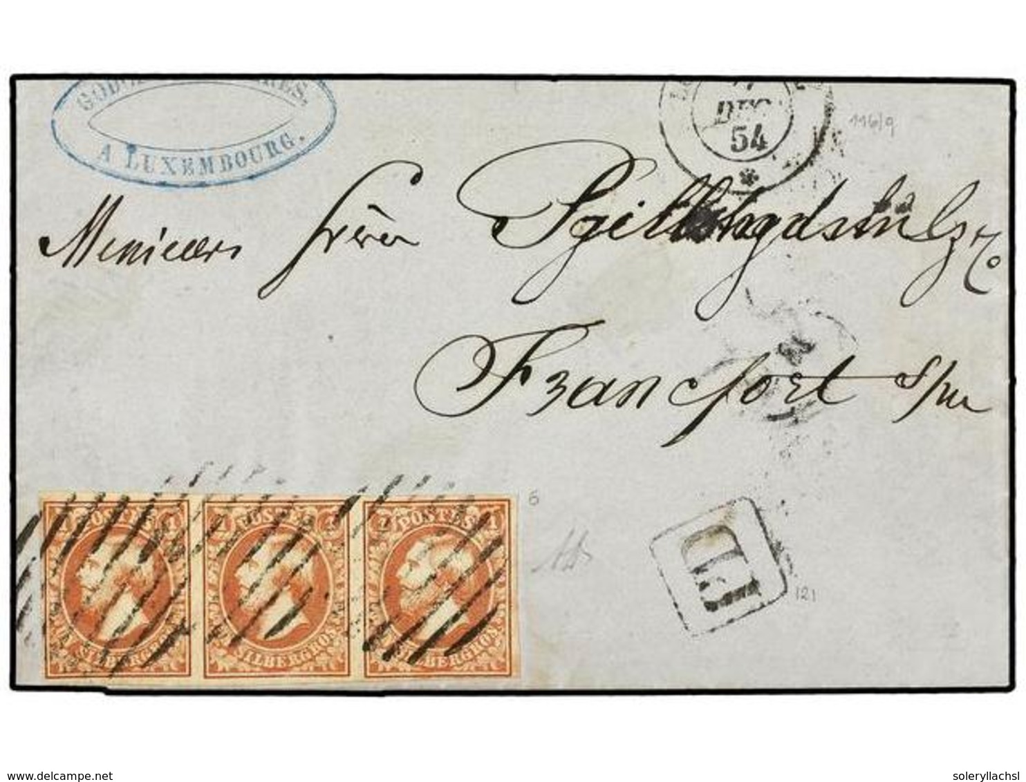 691 LUXEMBURGO. 1854. <B>1 Sgr. </B>red-brown, Fresh Strip Of Three, Clear To Large Margins, Tied By Ovals Of<B> NINE BA - Other & Unclassified