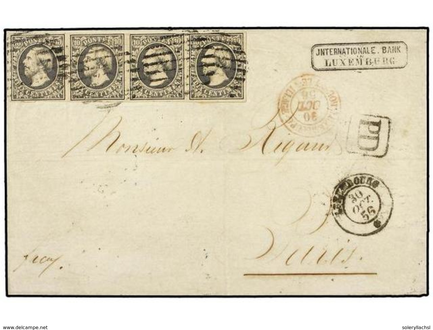 692 LUXEMBURGO. 1856 (Oct. 30). Cover From LUXEMBOURG To PARIS Franked By Remarkable And Fine Strip Of Four 1851<B> 10 C - Andere & Zonder Classificatie