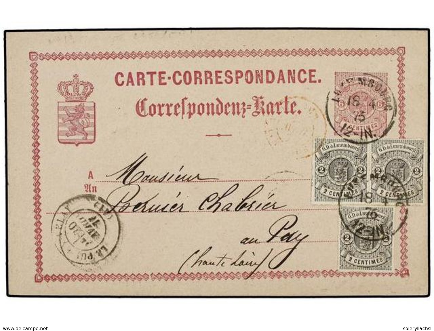 694 LUXEMBURGO. 1876 (April 18). <B>6 C.</B> Violet On Rose Pink Stationery Card, A Fine Used Example Up-rated With Extr - Andere & Zonder Classificatie