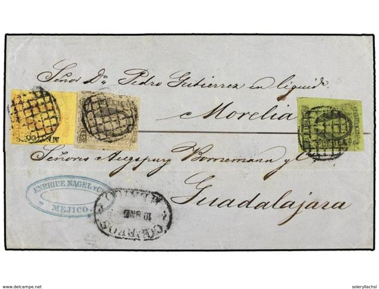 712 MEXICO. Sc.7, 8, 10. 1863. MÉXICO A GUADALAJARA. <B>1 Real</B> Negro S. Verde,<B> 2 Reales</B> Negro S. Rosa Y <B>4  - Autres & Non Classés