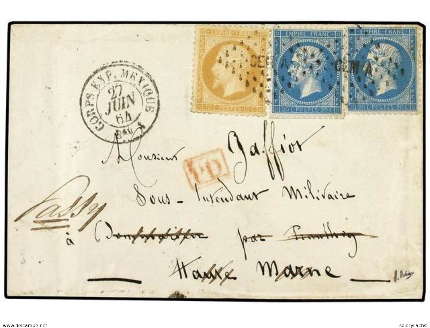 716 MEXICO. 1864. MEXICO A FRANCIA. <B>10 Cts.</B> Bistre Y <B>20 Cts.</B> Azul (2) Mat.<B> </B>parrilla <B>CEM A</B> Fe - Autres & Non Classés