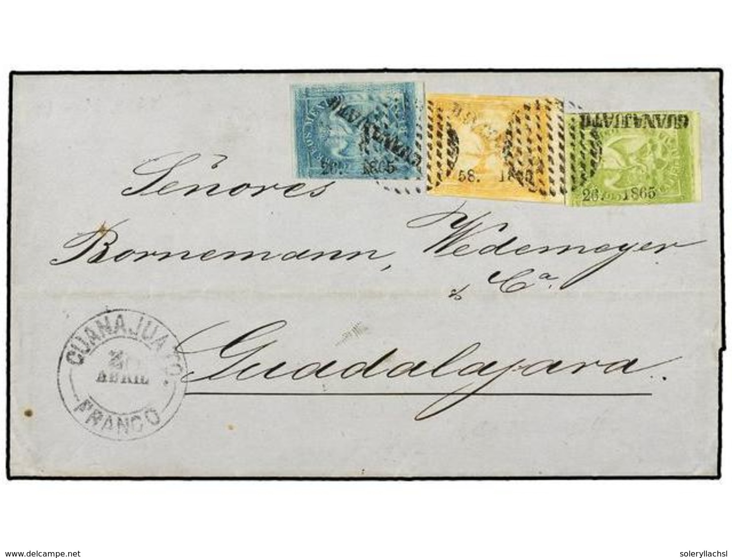 721 MEXICO. Sc.21, 23, 24. 1865 (28 Abril). GUANAJUATO A GUADALAJARA. <B>1 Real</B> Azul, <B>2 Reales</B> Amarillo Y <B> - Autres & Non Classés