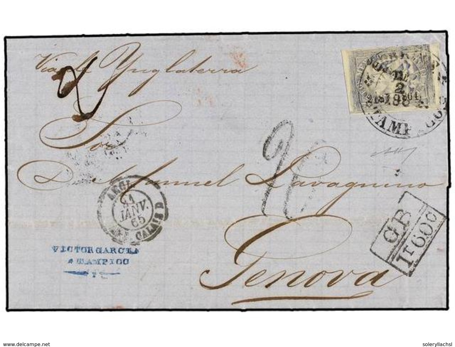 723 MEXICO. 1865. TAMPICO A GENOVA (Italia). <B>1 Real</B> Azul Gris, Mat.<B> CORREOS/TAMPICO</B> Circulado Vía Inglater - Andere & Zonder Classificatie