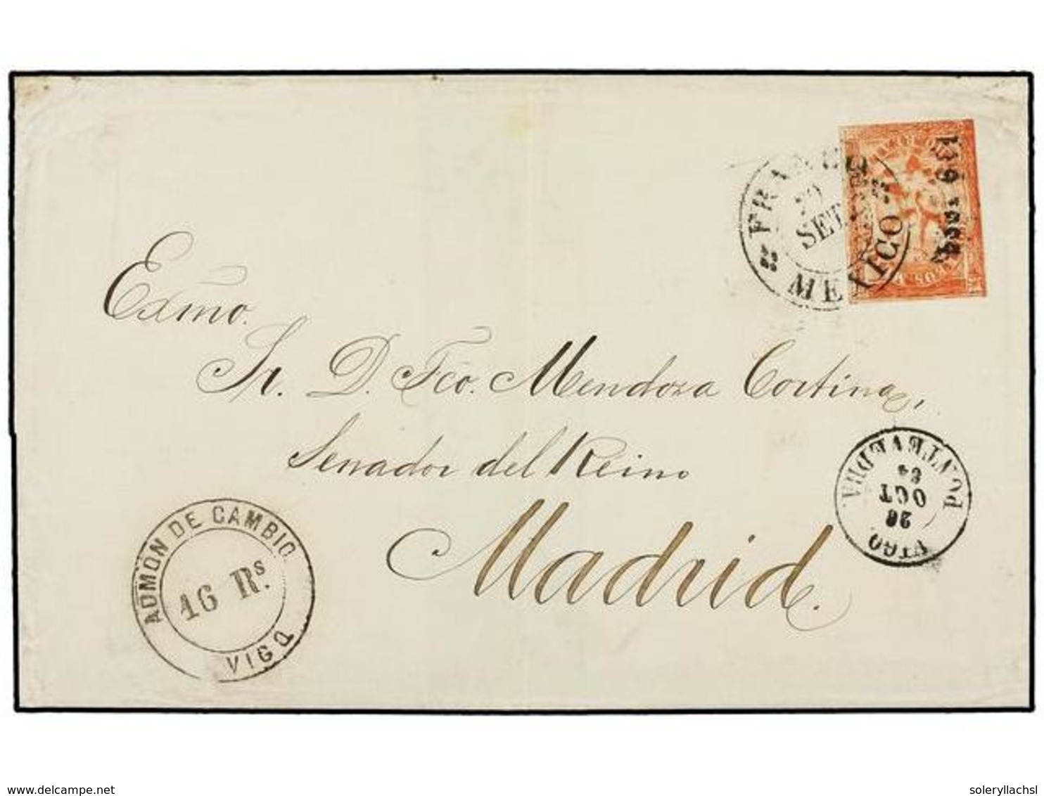 726 MEXICO. Sc.25a. 1864. MÉXICO A MADRID. <B>8 Reales</B> Rojo Tipo II. Circulado Por El Correo Español, Marca De Entra - Other & Unclassified