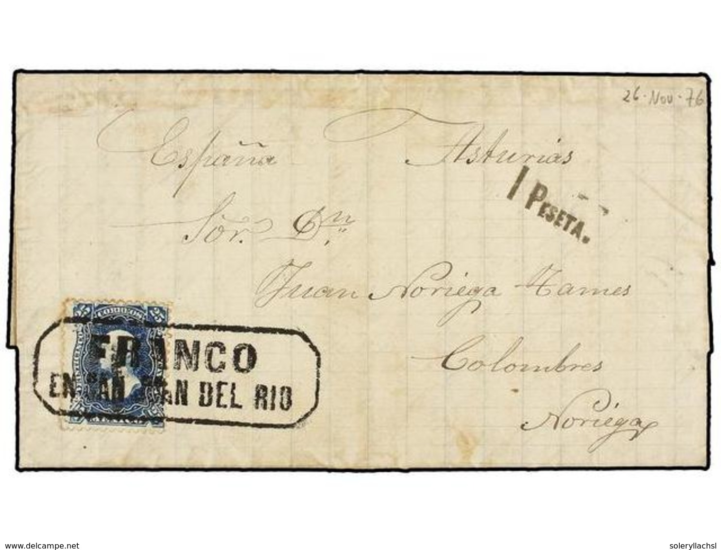 733 MEXICO. Sc.109. 1876. SAN JUAN DEL RÍO A ESPAÑA. <B>25 Ctvos.</B> Azul. Mat. <B>FRANCO/EN SAN JUAN DEL RIO</B>. Tasa - Andere & Zonder Classificatie