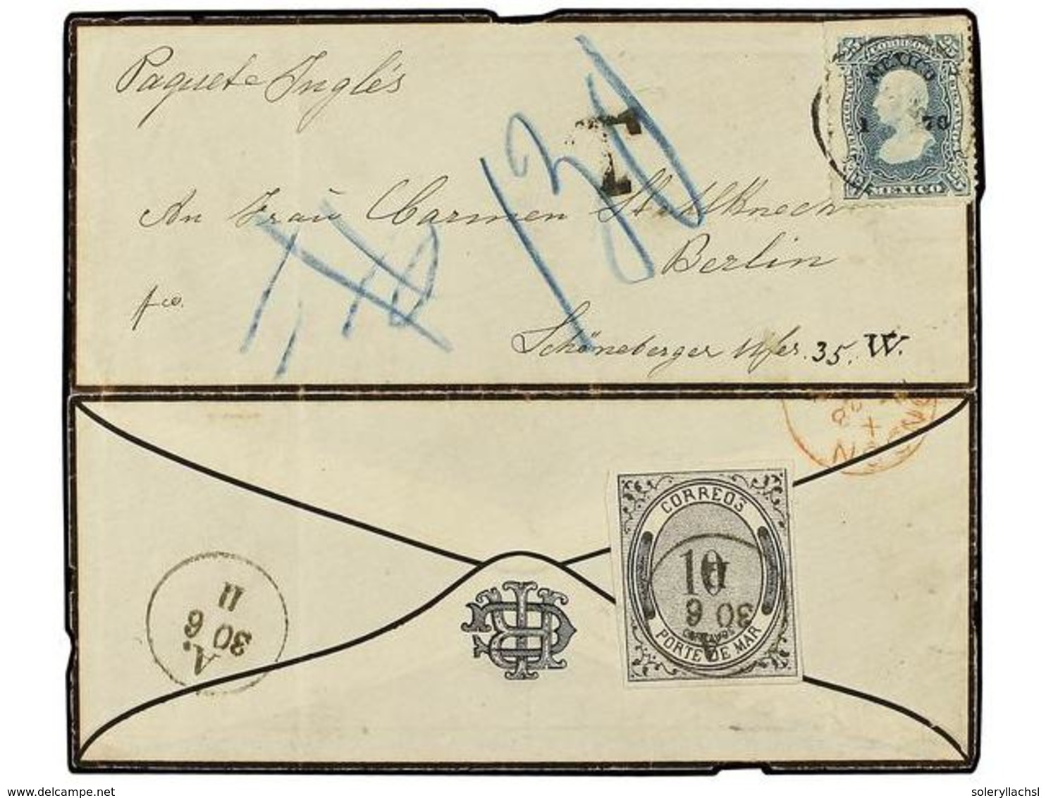 734 MEXICO. Sc.109. 1876. MÉXICO A BERLÍN. <B>25 Cts.</B> Azul Y Sello De <B>10 Cts.</B> De <B>PORTE DE MAR</B> Matasell - Andere & Zonder Classificatie