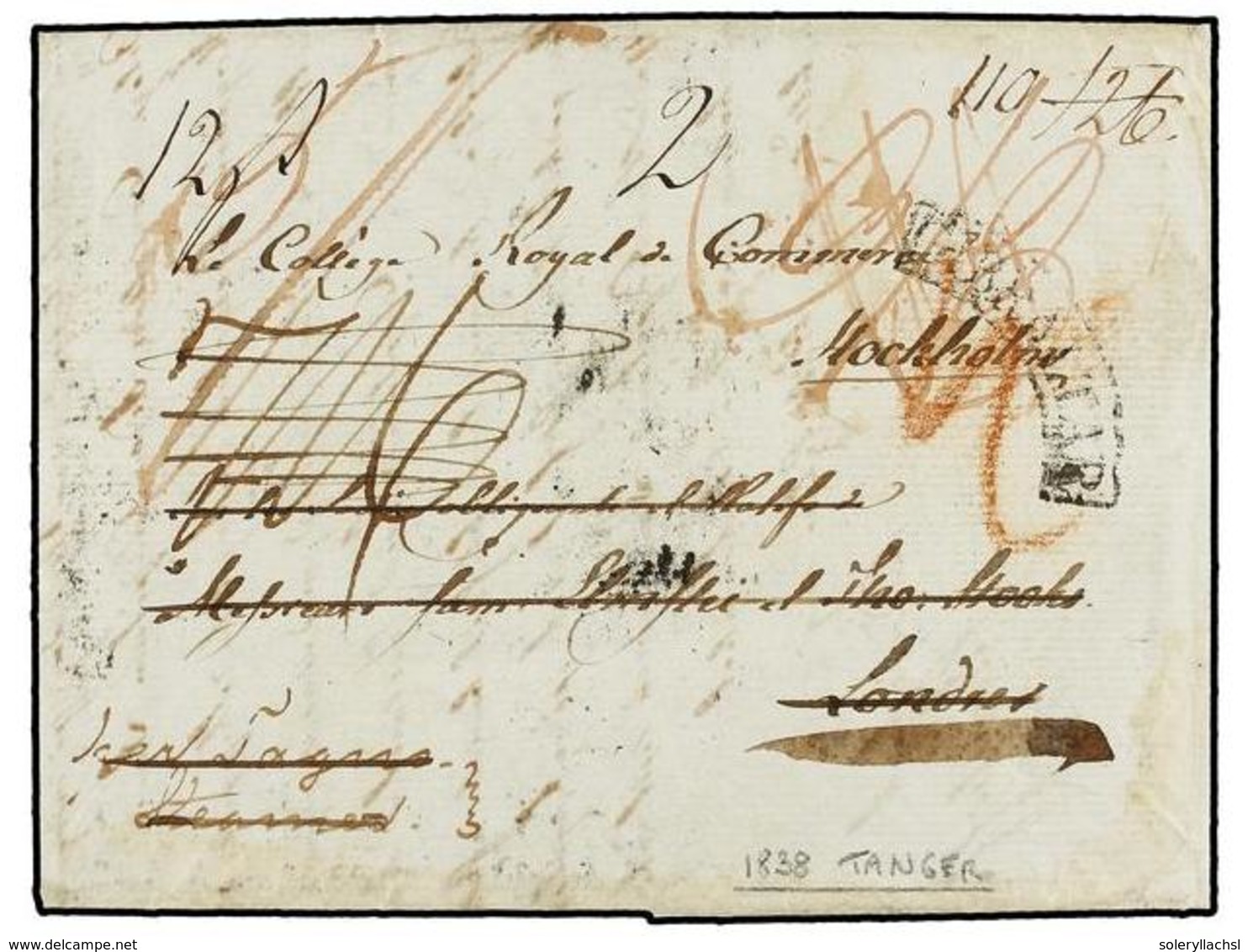 735A MARRUECOS. 1838. TANGER To STOCKOLM. Entire Letter Sent Via GIBRALTAR And LONDON. Black Arc<B> GIBRALTAR</B> Mark A - Autres & Non Classés