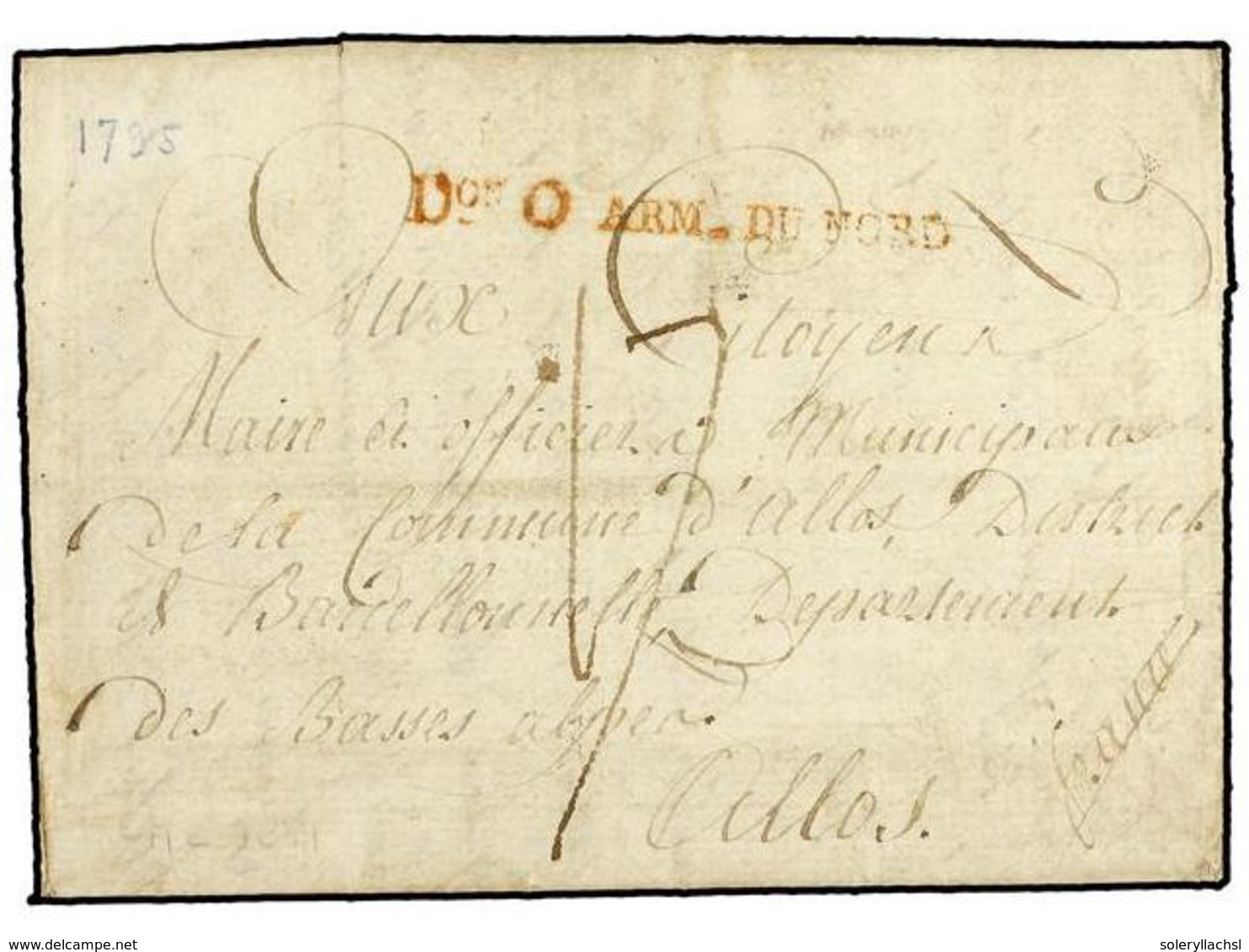 749 HOLANDA. 1795 (21 Abril). BREDA (Holanda) A FRANCIA. Marca <B>Don O ARM. DU NORD</B> En Rojo. Variedad Sin 'S' De 'A - Other & Unclassified