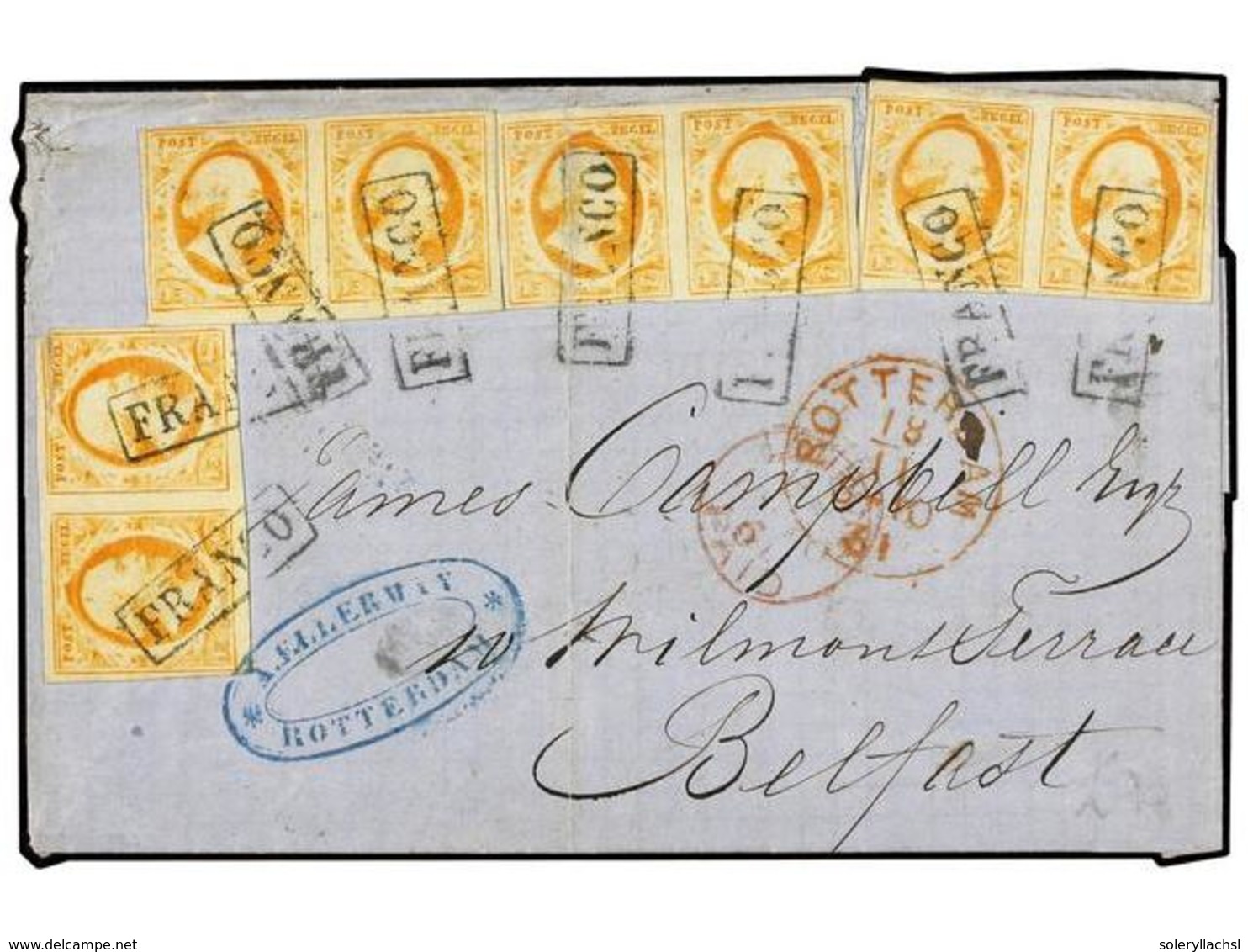 750 HOLANDA. 1861. ROTTERDAM A BELFAST. <B>15 Cts.</B> Amarillo (8) (4 Parejas), Márgenes Completos, Corte En Un Sello Y - Autres & Non Classés