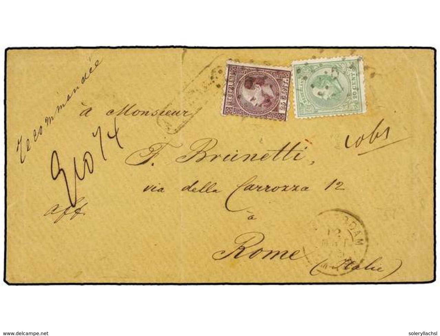 752 HOLANDA. 1873. AMSTERDAM To ROME (Italy). <B>25 Cts.</B> Lilac And <B>20 Cts.</B> Green. Mixed Franking Of Two Issue - Other & Unclassified