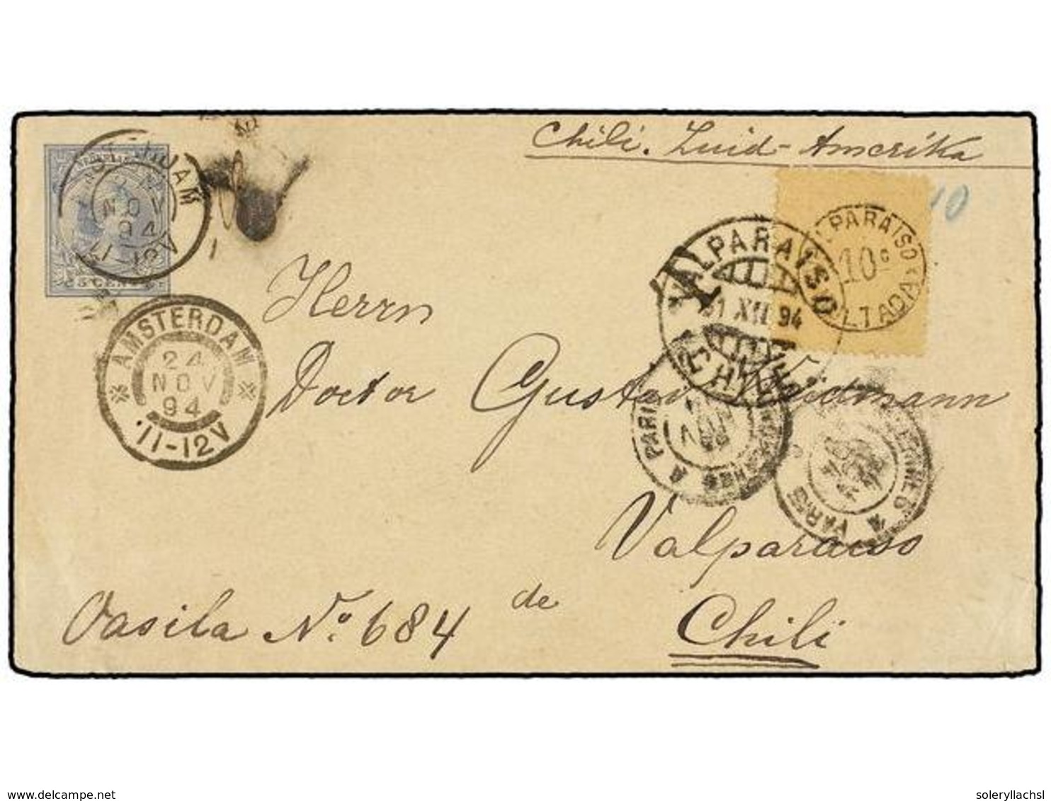 753 HOLANDA. 1894. AMSTERDAM To VALPARAISO (Chile). <B>5 Cts.</B> Blue Postal Stationary Envelope Uprated With <B>7 1/2  - Andere & Zonder Classificatie