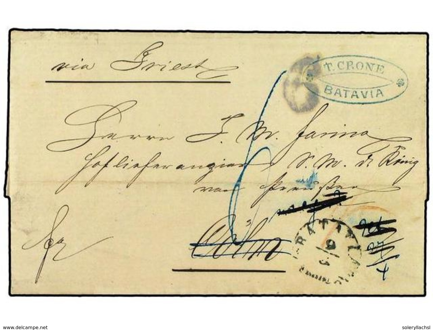 755 INDIA HOLANDESA. 1860. Stampless Letter From BATAVIA To GERMANY, Endorsed 'Via Triest', With Scarce Blue <B>6</B> Ha - Other & Unclassified
