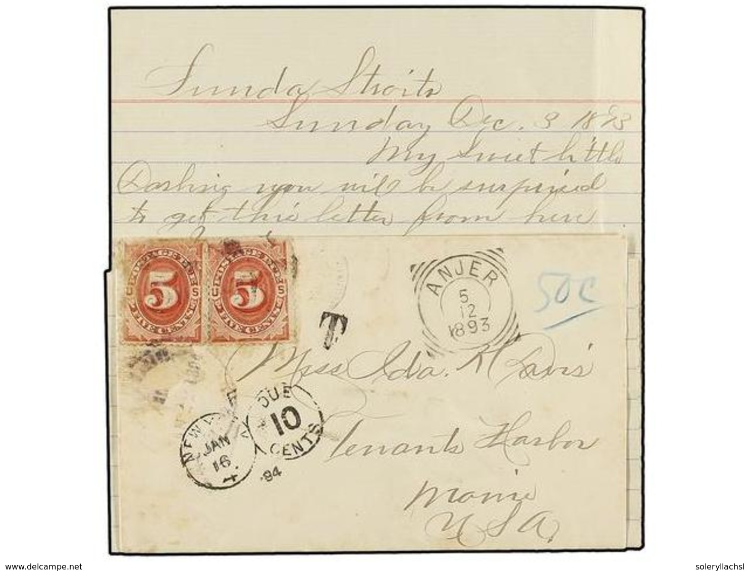 755A INDIA HOLANDESA. 1893. SUDA STRAIT To USA. Entire Letter Sent Via ANJER (Netherland Indies), Taxed On Arrival With  - Autres & Non Classés