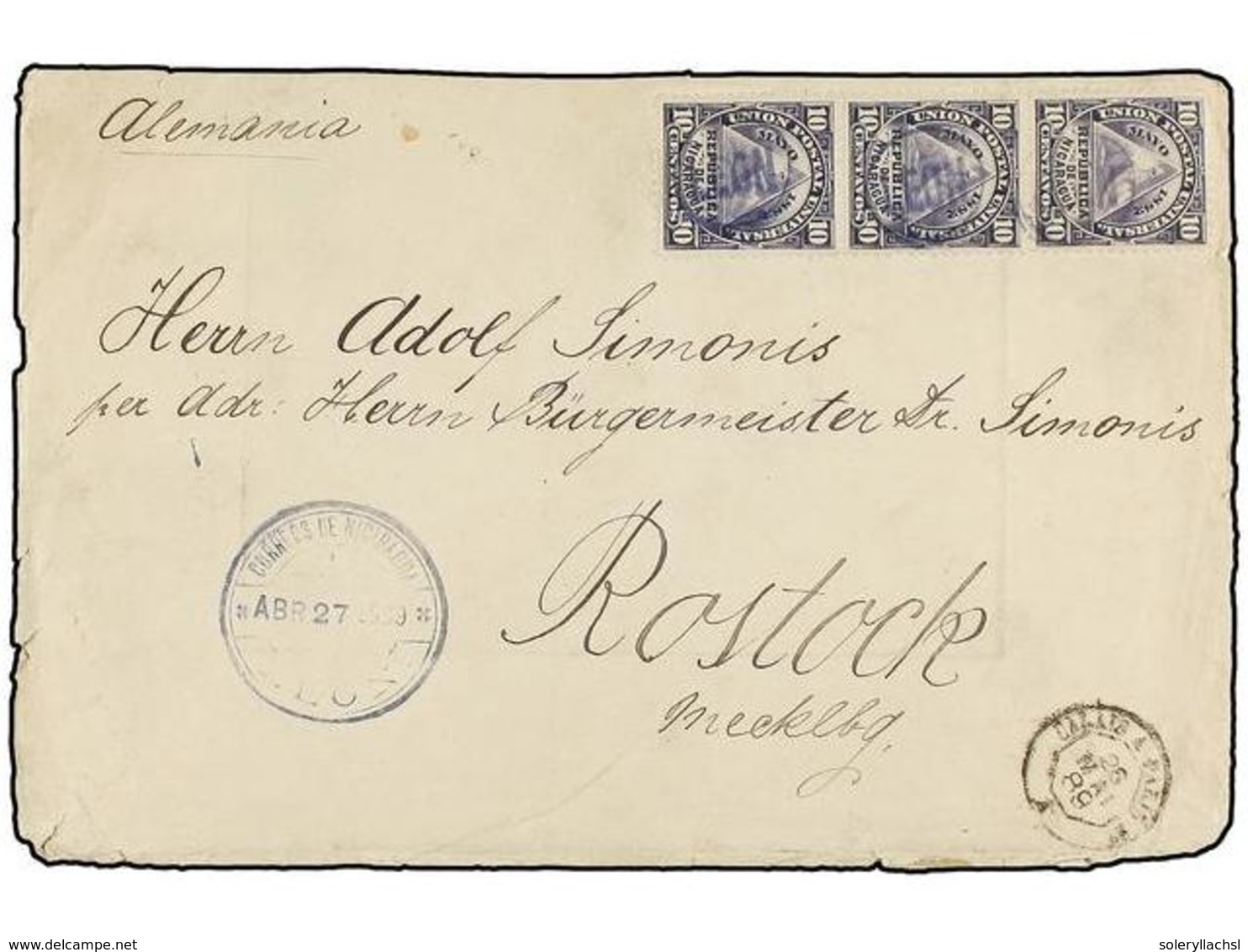 756 NICARAGUA. Sc.16 (3). 1889. COLÓN A ALEMANIA. <B>10 Cents.</B> Gris Tira De Tres, Al Dorso Llegada. Algunos Defectos - Sonstige & Ohne Zuordnung