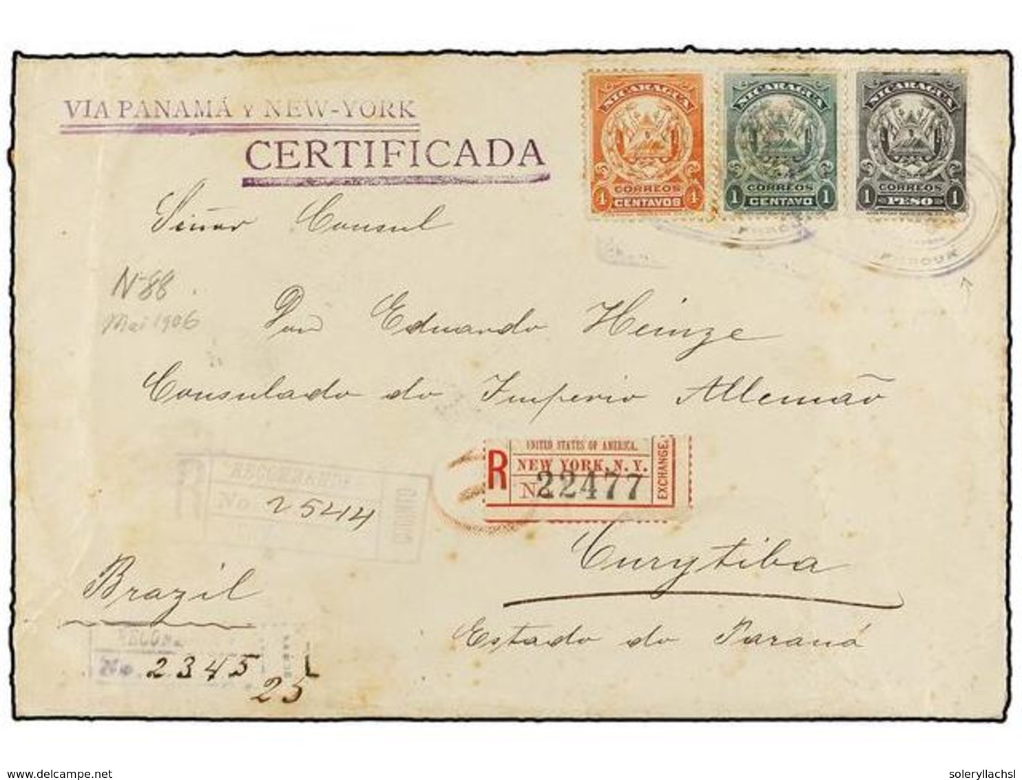 757 NICARAGUA. Sc.179, 182, 189. 1906. GRANADA A CURYTIBA (Brasil). <B>1 Ctvo.</B> Verde, <B>4 Ctvos.</B> Naranja Y <B>1 - Sonstige & Ohne Zuordnung