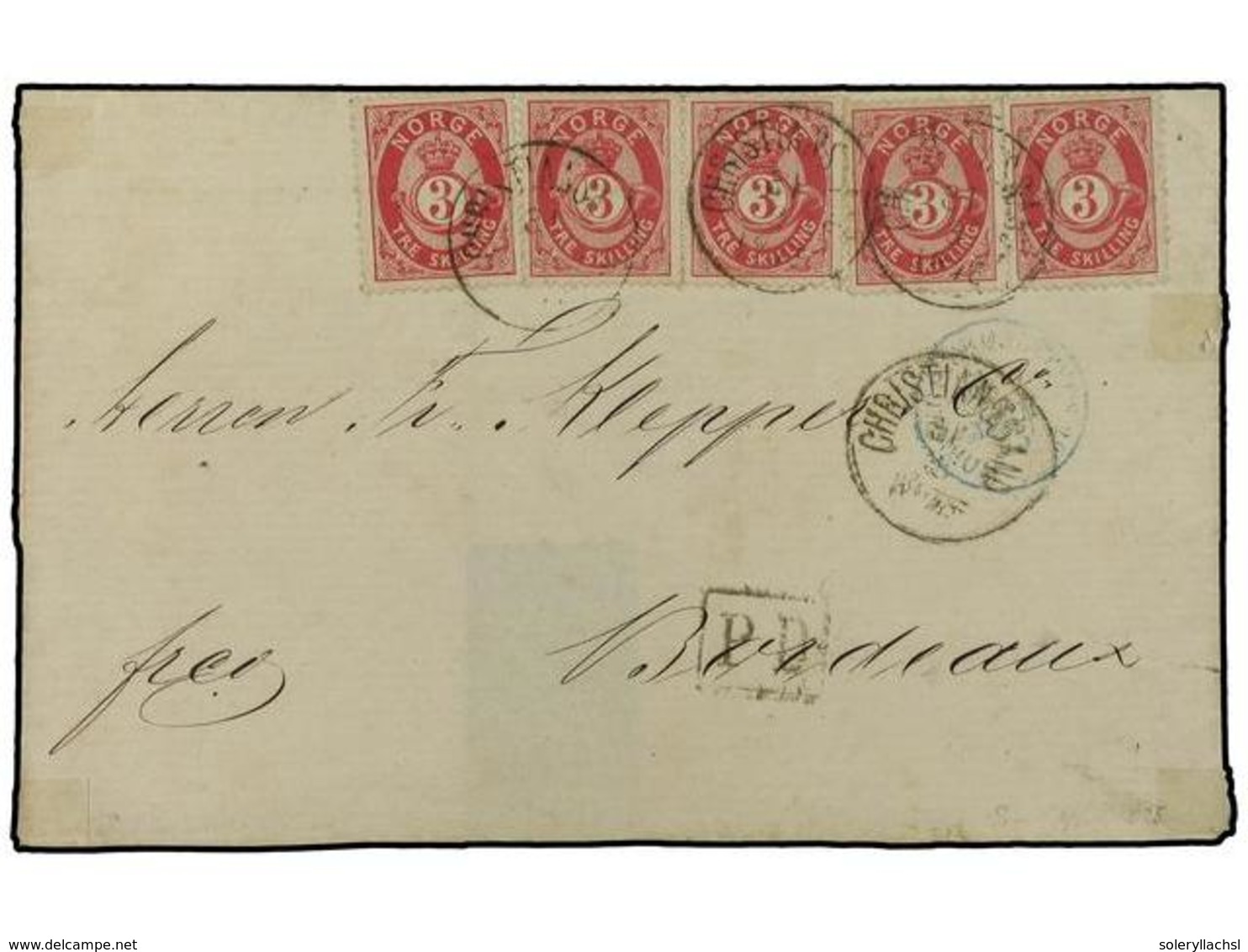 758 NORUEGA. 1875 (March 31). Cover To Bordeaux Franked By Five 1872-75 <B>3sk</B>. Rose-carmine All Tied By <B>Christai - Autres & Non Classés