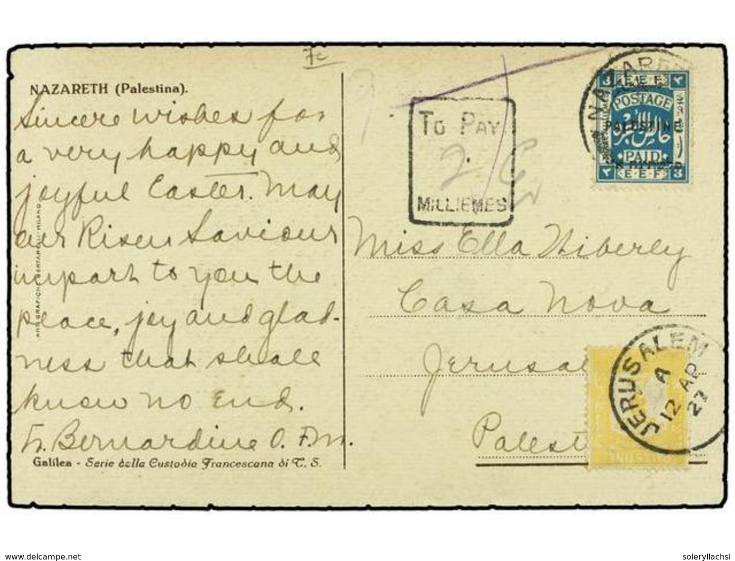 762 PALESTINA. Sg.D7. 1927. Postcard From NAZARETH To JERUSALEM Underpaid With Single 1922 <B>3m.</B> Greenish Blue Tied - Other & Unclassified