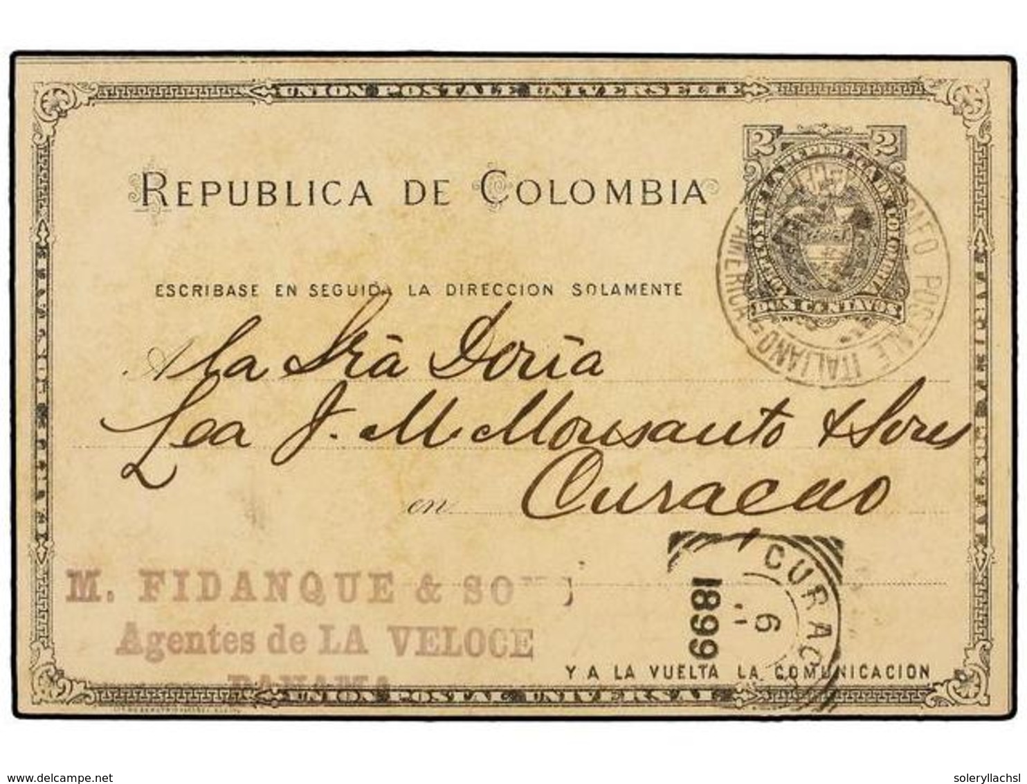 763 PANAMA. 1899. PANAMA A CURAÇAO. Entero Postal De Colombia De <B>2 Ctvos.</B> Circulado Por Buque Italiano De La Comp - Autres & Non Classés