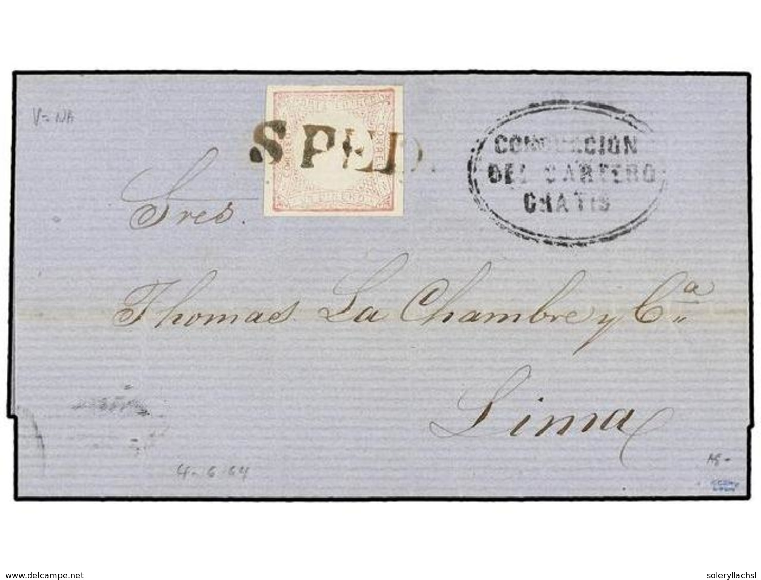 782 PERU. Sc.12. 1864. S. PEDRO A LIMA. <B>1 Dinero</B> Rosa, Mat. Lineal<B> S. PED </B>en Tinta Sepia. MAGNÍFICA. - Autres & Non Classés