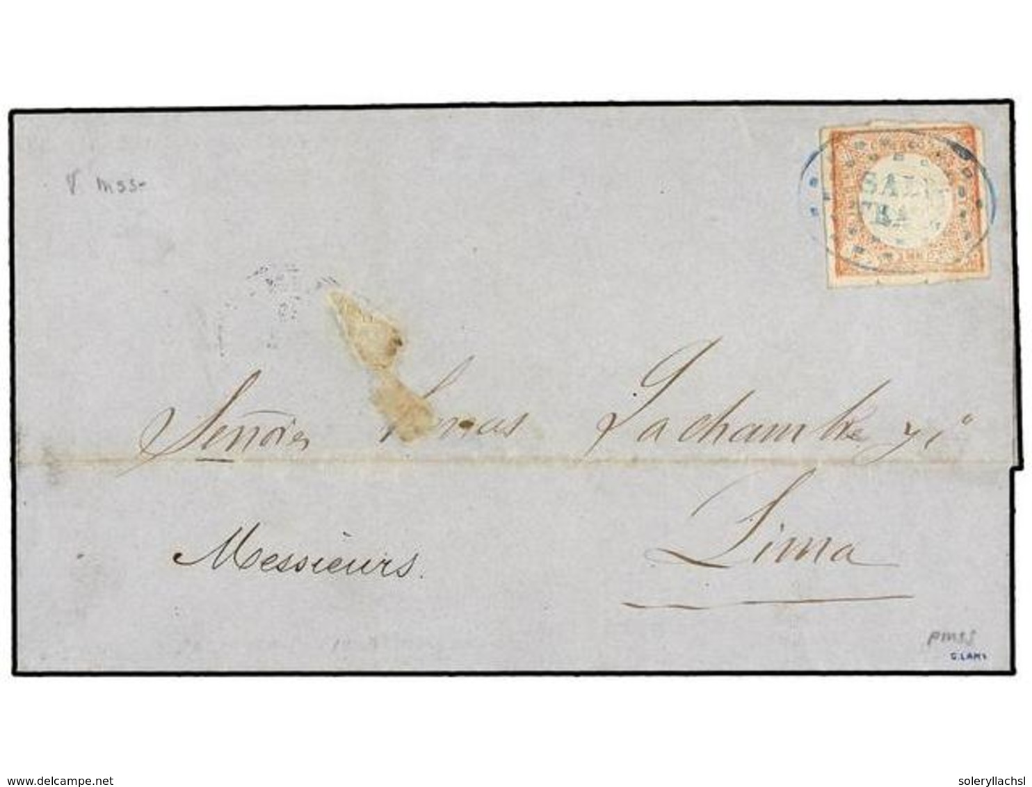 783 PERU. Sc.12. 1864. SALITRAL A LIMA. <B>1 Dinero</B> Rosa, Mat. óvalo De Puntos <B>SALI-/TRAL</B> En Azul. MUY RARA. - Andere & Zonder Classificatie