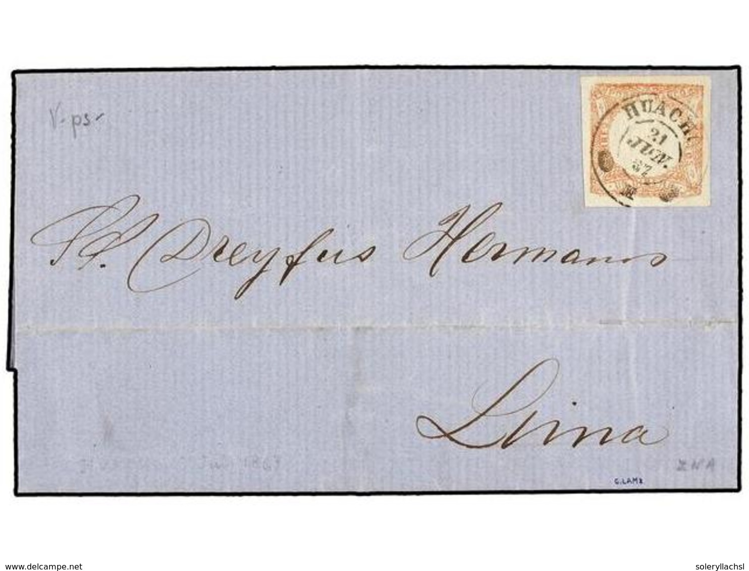 790 PERU. Sc.12. 1867. HUACHO A LIMA. <B>1 Dinero</B> Rosa, Mat. <B>HUACHO/M.</B> MAGNÍFICA. - Andere & Zonder Classificatie