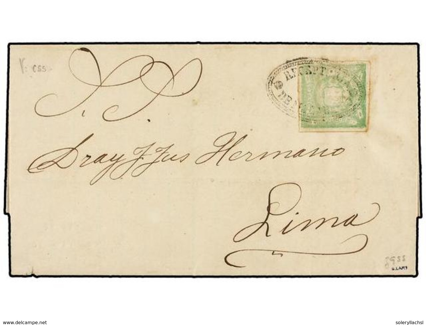 797 PERU. Sc.14. 1869. ASCOPE A LIMA. <B>1 Dinero</B> Verde, Mat. Ovalado<B> RECEPTORIA/DE MACABRIEGO.</B> MUY RARO. - Sonstige & Ohne Zuordnung