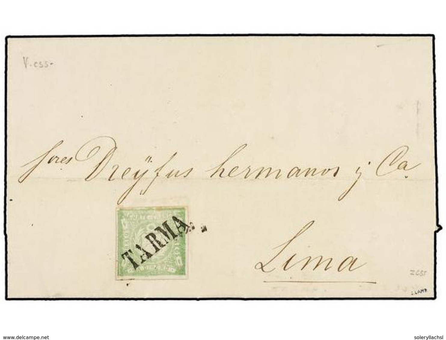 799 PERU. Sc.14. 1870. TARMA A LIMA. <B>1 Dinero</B> Verde, Mat. Lineal<B> TARMA.</B> MAGNÍFICA. - Sonstige & Ohne Zuordnung