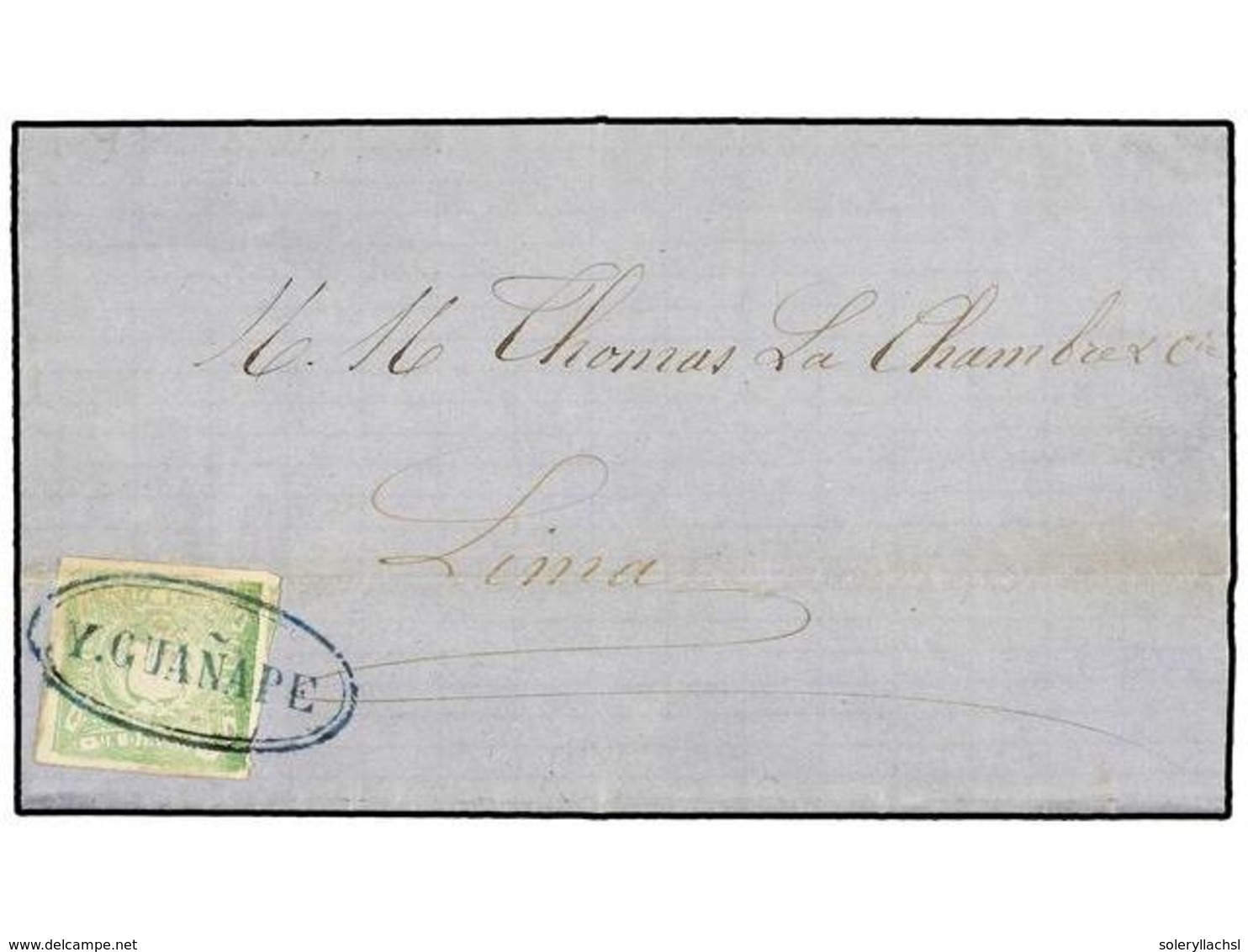 800 PERU. Sc.14. 1870. GUAÑAPE A LIMA. <B>1 Dinero</B> Verde, Mat. Ovalado<B> Y. GUAÑAPE</B> En Azul. MAGNÍFICA. - Autres & Non Classés