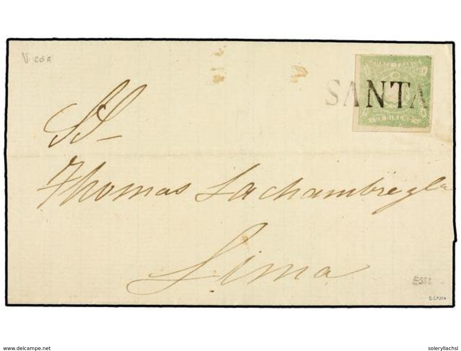 801 PERU. Sc.14. 1870. GUANAPE A LIMA. <B>1 Dinero</B> Verde, Mat. Lineal <B>SANTA</B> En Negro. MAGNÍFICA. - Sonstige & Ohne Zuordnung