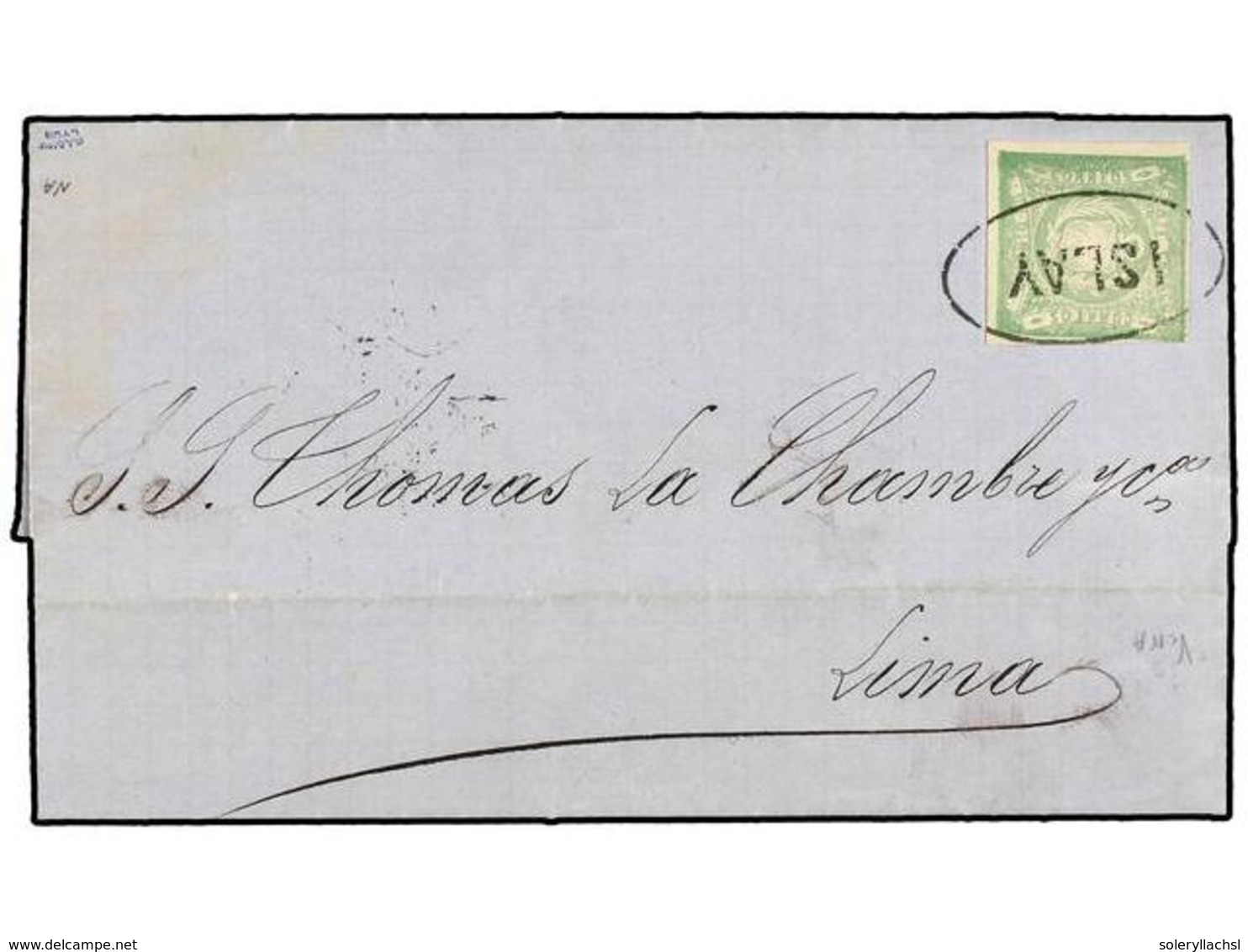 807 PERU. Sc.14. 1872. ISLAY A LIMA. <B>1 Dinero</B> Verde, Mat. Ovalado<B> ISLAY.</B> MAGNÍFICA. - Sonstige & Ohne Zuordnung