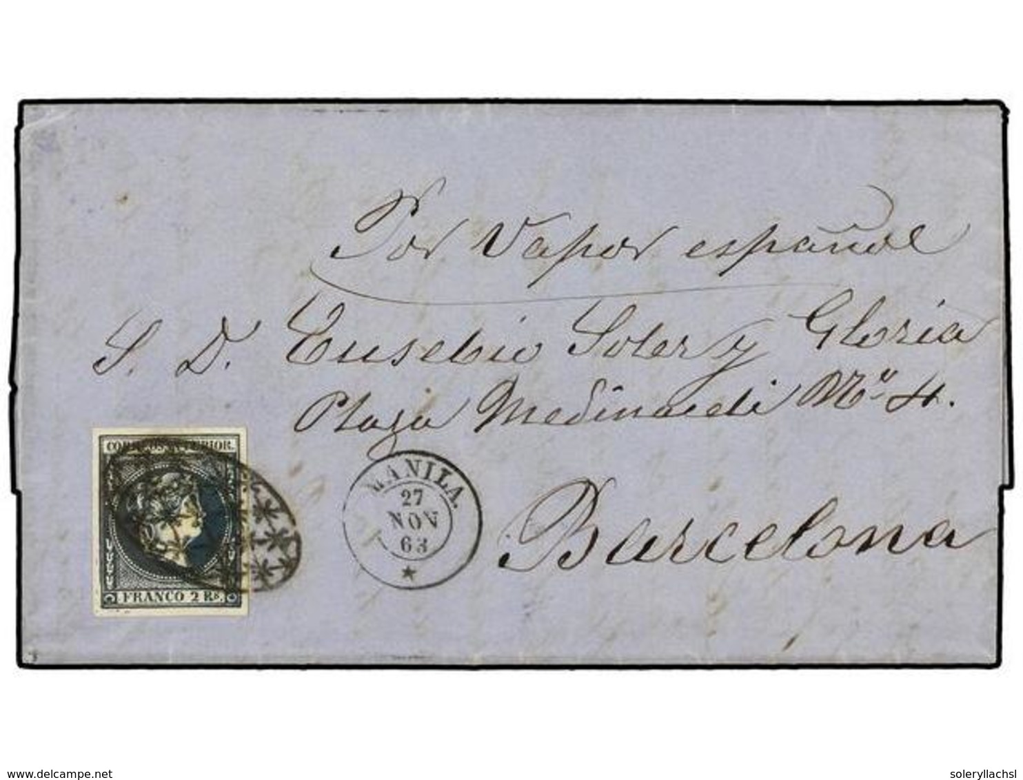 814 FILIPINAS. Ed.14. 1863. MANILA A BARCELONA.<B> 2 Reales</B> Azul, Mat.<B> PARRILLA COLONIAL</B> Y Fechador <B>MANILA - Andere & Zonder Classificatie